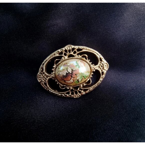 Vintage 1928 Floral Enamel Brooch Set Gold-Tone Filigree - Picture 3 of 6